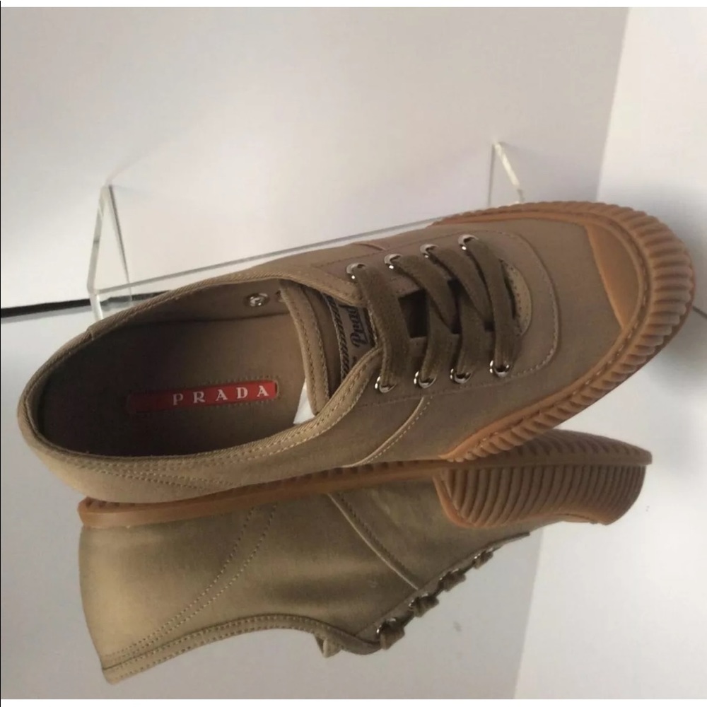 Prada New Sz.35.5 Gaberdine Khaki Lace up Sneaker - Picture 4 of 14
